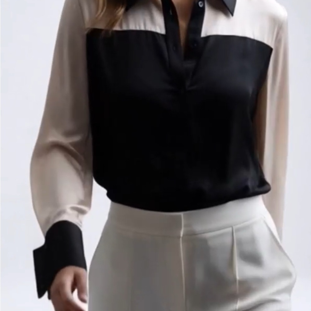 Reiss. Silk Elegant Black and Cream Women's Top - Picture 3 of 7